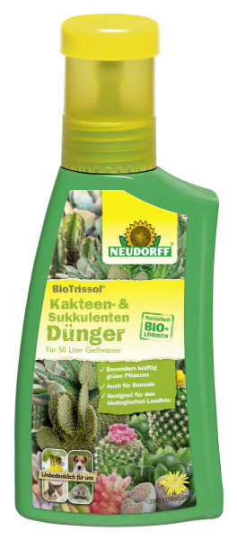 Produktbild von Neudorff BioTrissol Kakteen- & SukkulentenDünger in einer 250 ml Flasche mit gelbem Deckel und Etikett mit Pflanzenbildern und Produktinformationen in deutscher Sprache.