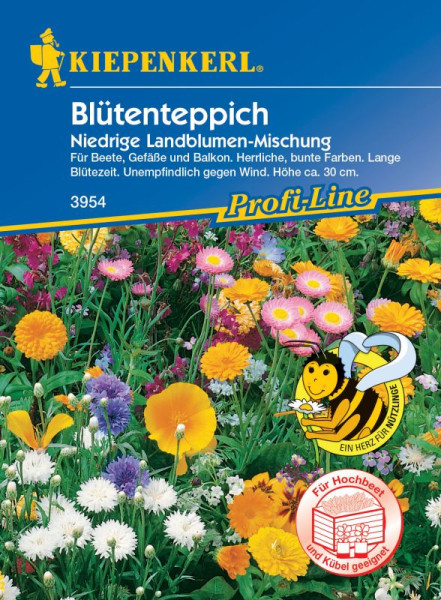 Produktbild von Kiepenkerl Blumenmischung Blütenteppich niedrige Landblumen mit bunten Blumen und Verpackungsdesign in Gelb und Grün inklusive Markenlogo und Produktinformationen in deutscher Sprache.