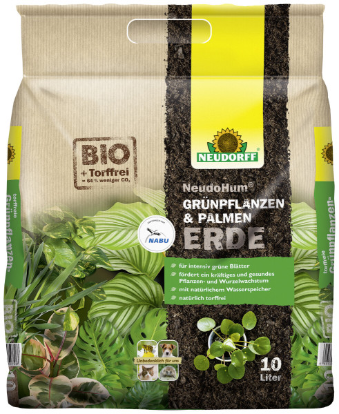 Produktbild von Neudorff NeudoHum Grünpflanzen- und PalmenErde 10 Liter mit Angaben zu umweltfreundlichen Vorteilen und Hinweisen zur Förderung von Pflanzenwachstum.