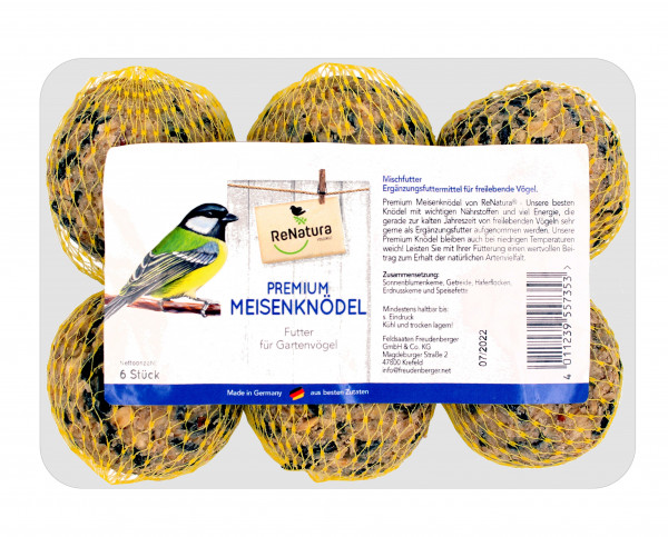 Produktbild von ReNatura Premium Meisenknödel mit Netz in Sechserpackung mit Produktinformationen und Abbildung eines Gartenvogels auf der Verpackung.