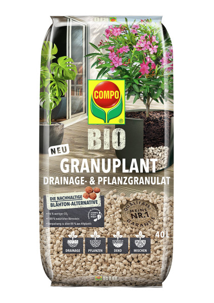 Produktbild von COMPO BIO Granuplant Drainage- und Pflanzgranulat 40l mit Informationen zu Umweltvorteilen und Verwendungszwecken auf Deutsch.