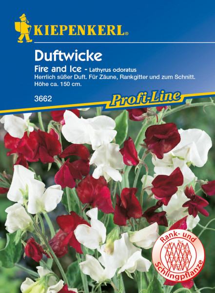 Produktbild von Kiepenkerl Duftwicke Fire and Ice mit weiß-roten Blüten und Informationen zu Duft und Wuchshöhe auf der Verpackung in deutscher Sprache.