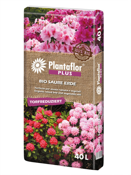 Produktbild von Plantaflor Plus Bio Saure Erde torfreduzierte Erde für Pflanzen in einer 40 Liter Verpackung mit Abbildungen von Blumen und Hinweisen zur Bio-Qualität in deutscher und englischer Sprache.
