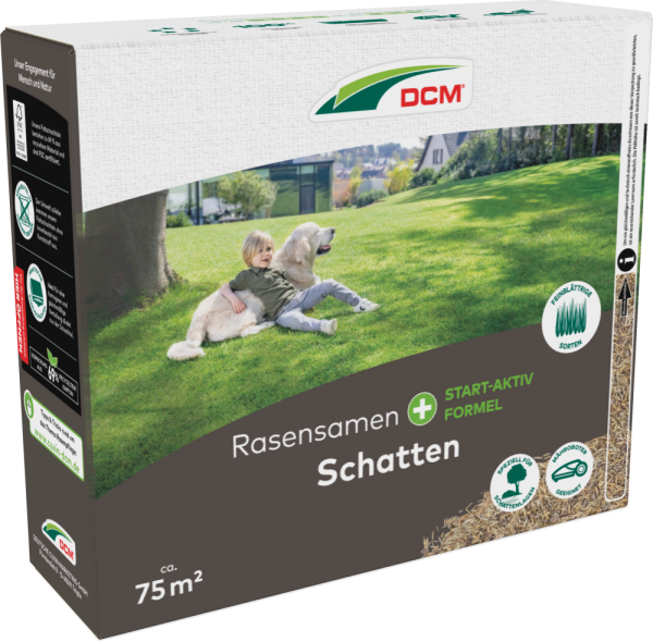 Produktbild von Cuxin DCM Rasensamen Schatten 1500g Streuschachtel mit Abbildungen eines spielenden Kindes und Hundes auf Rasen sowie Produktmerkmalen und Markenlogo.
