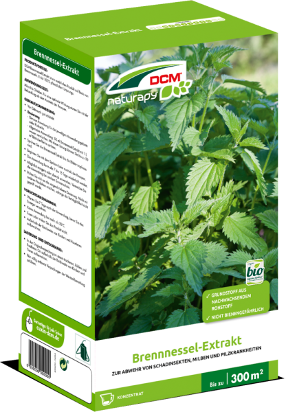 Produktbild von Cuxin DCM Naturapy Brennnessel-Extrakt 1, 5, l mit Markenlogo, Produktvorteilen, Anwendungshinweisen und grunen Brennnesseln im Hintergrund.