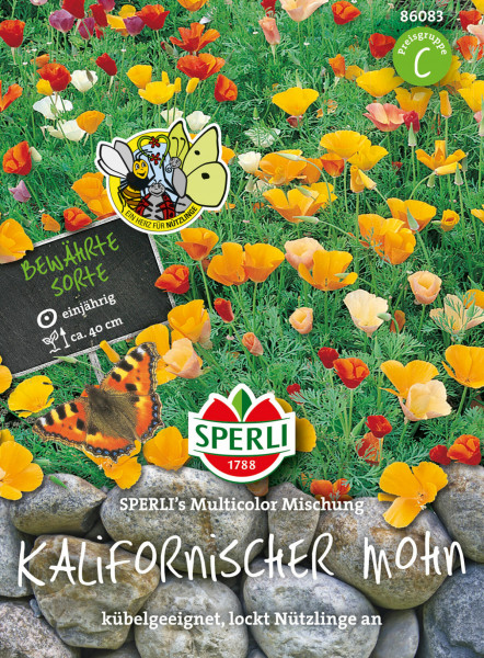 Produktbild von Sperli Kalifornischer Mohn SPERLIs Multicolor Mischung mit bunten Blumen, Schmetterling und Logo, zusätzlich Informationen über die Sorte und Eignung für Kübel.