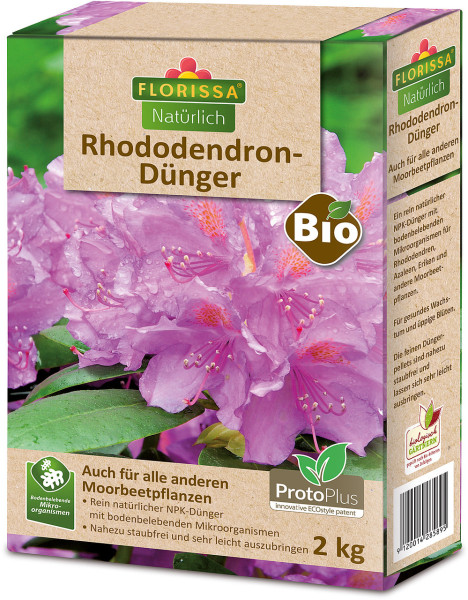 Produktbild von Florissa Natürlich Rhododendron-Dünger in einer 2kg Packung mit Bio-Siegel und Informationen über die Eignung für Moorbeetpflanzen auf Deutsch.