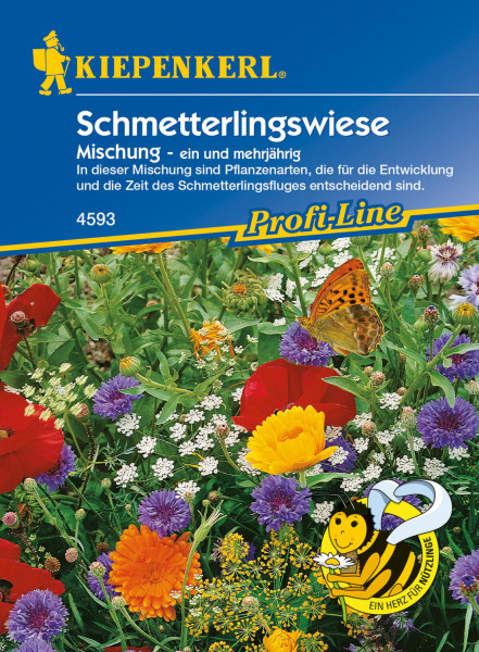 Produktbild der Kiepenkerl Blumenmischung Schmetterlingswiese mit bunten Blumen und einem Schmetterling darauf sowie Informationen zur mehrjaehrigen Pflanzenmischung und der Artikelnummer 4593.