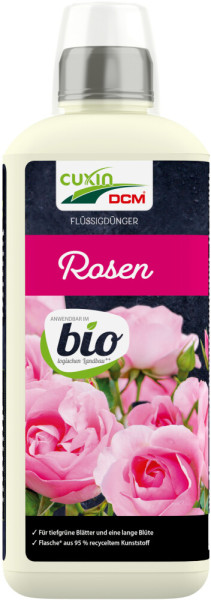 Produktbild von Cuxin DCM Flüssigdünger für Rosen BIO in einer 0, 8, Liter Flasche mit Hinweisen auf ökologischen Landbau und Vorteilen für die Pflanzenpflege.