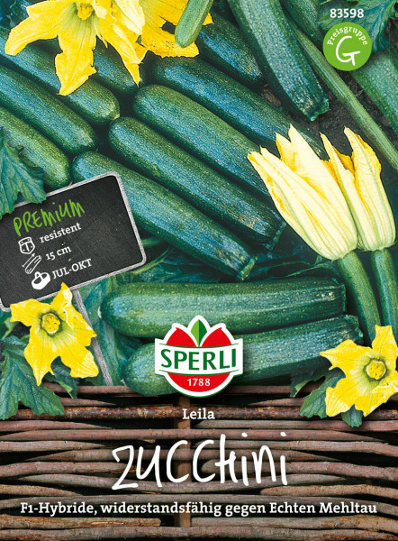 Produktbild von Sperli Zucchini Leila F1 mit Darstellung mehrerer Zucchini und Blüten sowie Informationen zu Premium Resistent und F1-Hybride widerstandsfähig gegen Echten Mehltau plus Logo und Preisgruppe G.