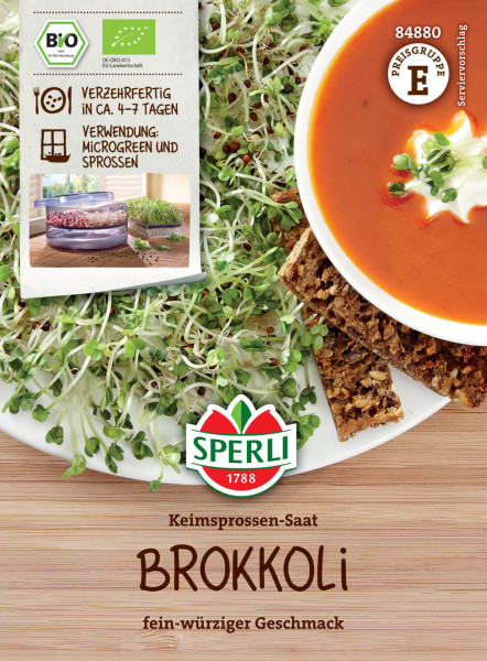 Produktbild von Sperli BIO Keimsprossen-Saat Brokkoli mit der Darstellung von Sprossen, Suppe und Brot sowie Informationen zur Anzucht und dem Logo von Sperli.