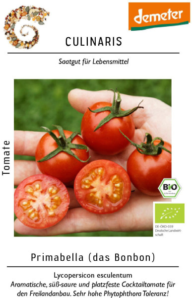 Produktbild von Culinaris BIO Cocktailtomate Primabella mit Logo und Siegeln für Bio und Demeter Zertifizierung sowie Beschreibung der Tomaten als aromatisch süß-sauer und platzfest geeignet für den Freilandbau.