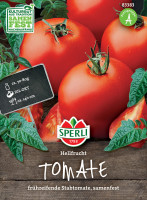 Produktbild von Sperli Stabtomate Hellfrucht mit reifen Tomaten, dem Logo und dem Hinweis frühreifend und samenfest. Produktbild von Sperli Stabtomate Hellfrucht mit reifen Tomaten, dem Logo und dem Hinweis frühreifend und samenfest.