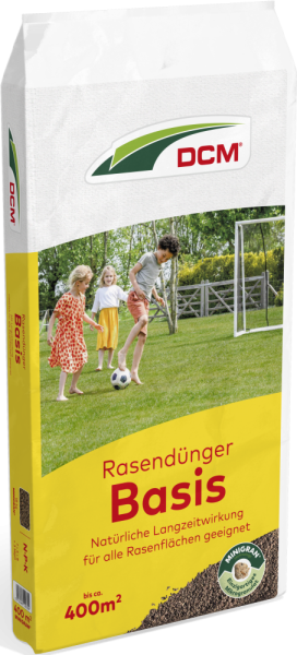 Produktbild von Cuxin DCM Rasendünger Basis Minigran 18kg mit abbildenden spielenden Kindern auf Rasenfläche und Angaben zur Anwendung und Reichweite.