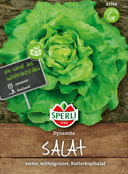 Produktbild von Sperli Salat Dynamite Verpackung mit abgebildetem Butterkopfsalat und Markenlogo sowie Hinweisen zur Widerstandsfähigkeit und Freilandtauglichkeit.