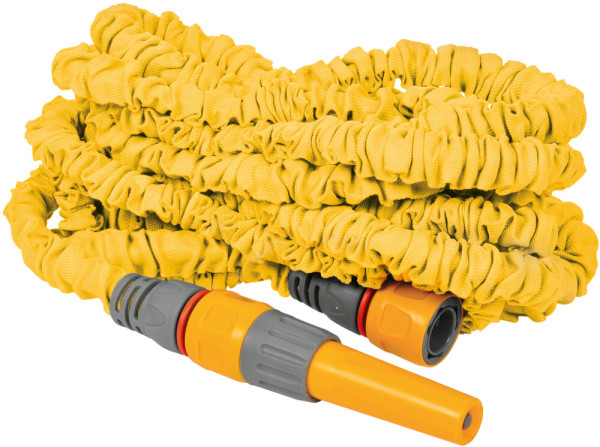 Produktbild eines gelben Hozelock SUPERHOZE Ausdehnungsschlauchs 15 m mit schwarzen und orangefarbenen Anschlussstücken.