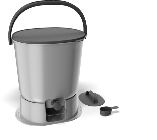 Produktbild des Multikraft Bokashi Haushaltseimers Organko Essential in Grau mit einem Fassungsvermoegen von 15, 3, Litern sowie abgebildetem Deckel, Hahn und Messbecher.