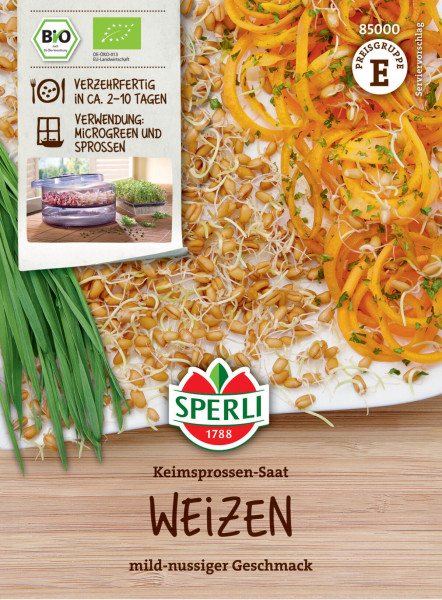 Produktbild von Sperli BIO Keimsprossen-Saat Weizen Verpackung mit Darstellung von Weizensprossen und Hinweisen zur Anzucht und mild-nussigem Geschmack auf deutschem Etikett.