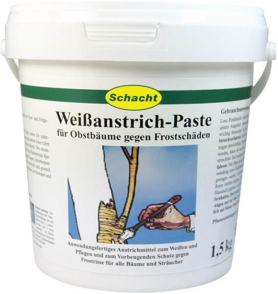 Produktbild von Schacht Weißanstrich-Paste in einem weißen Eimer mit Etikett, Anwendungsillustration und Informationen zum Schutz für Obstbäume gegen Frostschäden auf Deutsch.