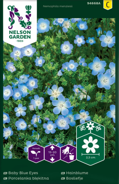 Produktbild von Nelson Garden Hainblume mit blühenden blauen Blumen, Packungsdesign und Pflanzinformationen.