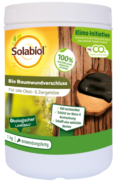 Produktbild von Solabiol Bio Baumwundverschluss in einer 1kg Dose mit Hinweisen zu den Vorteilen und ökologischem Landbau sowie Informationen zur Klima-Initiative.