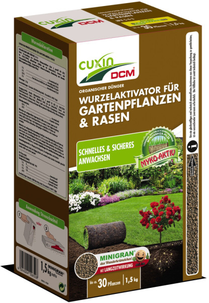 Produktbild von Cuxin DCM Wurzelaktivator für Gartenpflanzen und Rasen in einer 1, 5, kg Streuschachtel mit Informationen zu Anwendung und Wirkung.