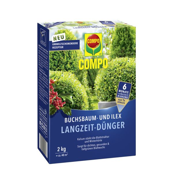 Produktbild von COMPO Buchsbaum und Ilex Langzeit Dünger 2kg Packung mit Produktbezeichnung und Hinweisen zur Anwendung und Wirkungsdauer auf Deutsch.