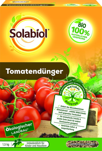 Produktbild von Solabiol Tomatendünger 1, 5, kg mit reifen Tomaten und Hinweis auf ökologischen Landbau sowie Natürlichkeit und Sicherheit für Kinder und Haustiere.