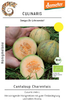 Produktbild von Culinaris BIO Honigmelone Cantaloup Charentais mit ganzen und halbierten Melonen auf Gras, Demeter-Logo und Informationen zu biologischer... Produktbild von Culinaris BIO Honigmelone Cantaloup Charentais mit ganzen und halbierten Melonen auf Gras, Demeter-Logo und Informationen zu biologischer Landwirtschaft in deutscher Sprache.
