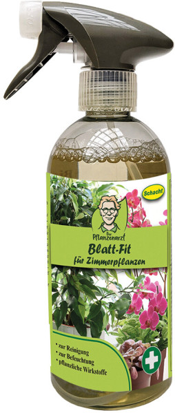 Produktbild des Schacht PFLANZENARZT Blatt-Fit für Zimmerpflanzen in einer 500ml Flasche mit Pumpsprüher und Etikett mit Pflanzenbildern und Produktinformationen.