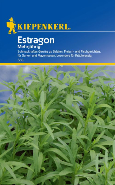 Produktbild von Kiepenkerl Estragon mehrjährig mit Beschreibung als schmackhaftes Gewürz und Artikelnummer vor einem Hintergrund von Estragonpflanzen.