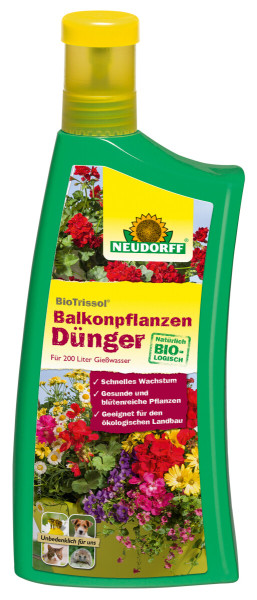 Produktbild von Neudorff BioTrissol BalkonpflanzenDünger in einer grünen 1-Liter-Flasche mit gelbem Verschluss und Etikett mit Informationen zur Förderung von schnellem Wachstum und Blütenreichtum, sicher für Haustiere, auf Deutsch verfasst.