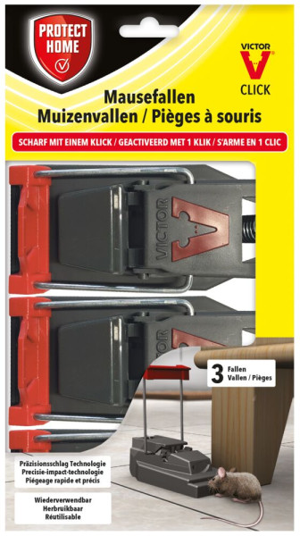 Produktbild von Protect Home Mausefalle Click in einer Verpackung mit drei Stück, Informationen zu einfacher Aktivierung und Wiederverwendbarkeit, Sicht auf die Fallenmechanik.