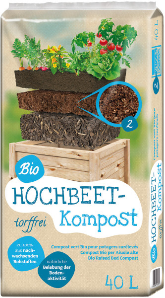 Produktbild von Plantaflor Bio Hochbeet-Kompost 40l mit Darstellung von Gemüsepflanzen über einer Schicht Kompost und Informationen zur Torffreiheit sowie zur natürlichen Belebung der Bodenaktivität.