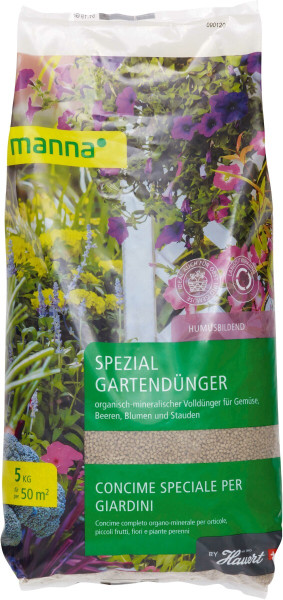 Produktbild von MANNA Spezial Gartendünger in 5kg Verpackung für Gemüse Beeren Blumen und Stauden mit Hinweis auf Humusbildung und Anwendungsempfehlung.