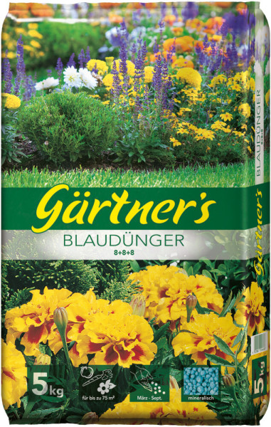 Produktbild von Gaertners Blauduenger 8-8-8 5kg mit Abbildungen von blühenden Gartenpflanzen und Informationen zur Anwendung und Eigenschaften auf Deutsch.
