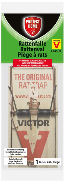 Produktbild der Protect Home Rattenfalle Classic in Verpackung mit Angaben zu schnellem Scharfstellen und hoher Schlagkraft in mehreren Sprachen.