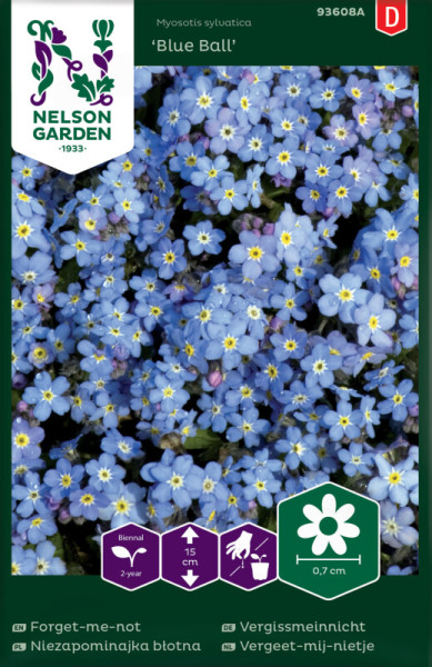 Produktbild von Nelson Garden Wald-Vergissmeinnicht Blue Ball mit blühenden Pflanzen und Saatgutpackungsinformationen auf Deutsch