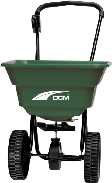Produktbild eines Cuxin DCM Schleuderstreuers 4200 Hobby mit grünem Behälter und schwarzen Rädern auf weißem Hintergrund