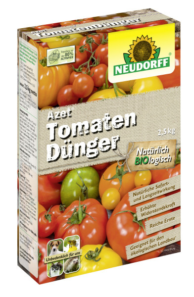 Produktbild von Neudorff Azet TomatenDuenger 2, 5, kg mit Darstellung verschiedener Tomatensorten und den Hinweisen Natuerlich Biologisch sowie Unbedenklich fuer uns mit Symbolbildern von Haustieren.