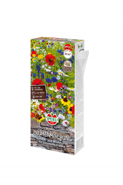 Produktbild von Sperli Blumenmischung SPERLIs Wildblumenzauber mit Abbildung verschiedener Sommer und Wildblumen sowie Informationen zu Aussaatzeit und Wuchshohe auf der Verpackung.