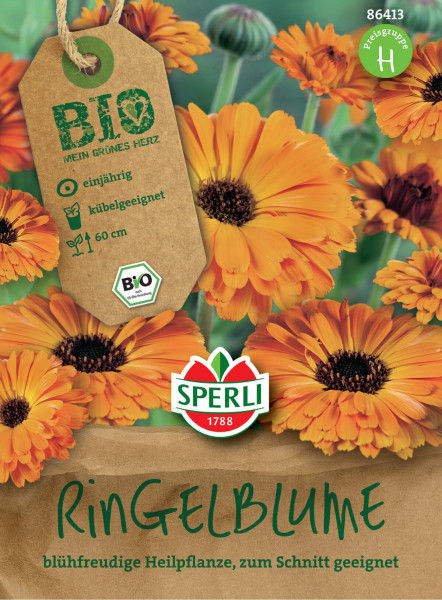 Produktbild von Sperli BIO Ringelblume Verpackung mit orange blühenden Ringelblumen im Hintergrund und Informationen zu Einjährigkeit und Kübeleignung.