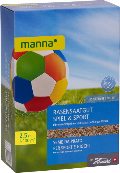 Produktbild von MANNA Spiel- und Sportrasen Rasensaatgut 2, 5, kg Verpackung mit Rasenbild und Fußball illustrierter Vorderseite, Produktinformationen und Markenlogo.