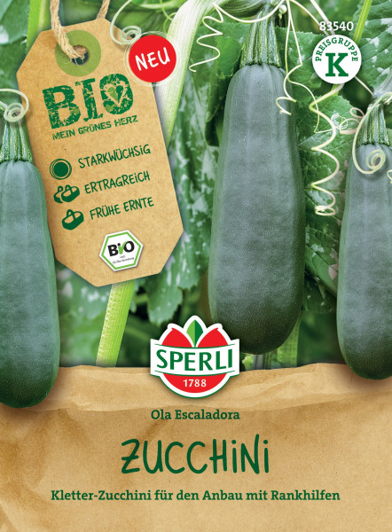 Produktbild von Sperli BIO Kletterzucchini Ola Escaladora mit Abbildungen von Zucchini-Pflanzen und der Verpackung die Produkteigenschaften wie starkwüchsig, ertragreich und frühe Ernte hervorhebt