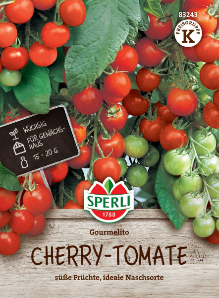Produktbild von Sperli Cherry-Tomate Gourmelito F1 mit roten und grünen Tomaten an der Pflanze und einem Schild für Gewächshausanbau sowie Gewichtsangabe und Logo.
