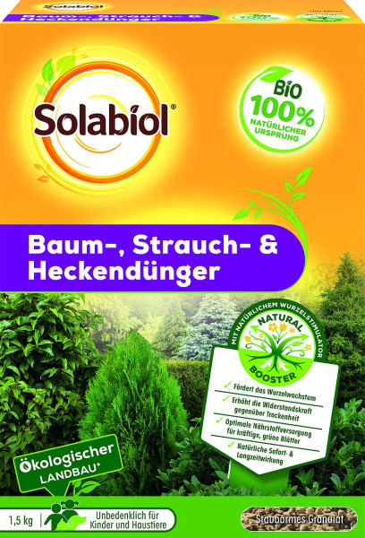 Produktbild von Solabiol Baum-Strauch&Heckendünger 1, 5, kg mit Hinweisen auf biologischen Ursprung, ökologischen Landbau und Sicherheit für Kinder und Haustiere sowie Informationen zum Natural Booster für Pflanzenwachstum.