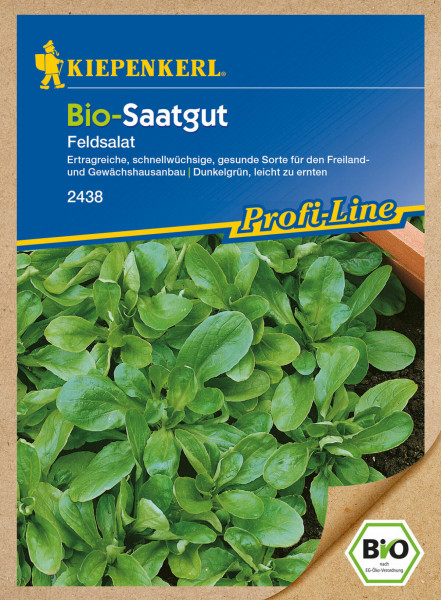 Produktbild von Kiepenkerl BIO Feldsalat Saatgutverpackung mit Bildern von Feldsalat und Angaben zur Sorte Ertragreiche sowie Hinweis auf biologisches Saatgut nach EG-Öko-Verordnung.