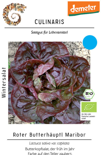 Produktbild von Culinaris BIO Wintersalat Roter Butterhäuptl Maribor mit einer Nahaufnahme von roten Salatblättern und Verpackungsdesign mit Logos und Beschriftung in deutscher Sprache.