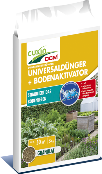 Produktbild von Cuxin DCM Universaldünger plus Bodenaktivator Granulat 5kg Verpackung mit Gartenabbildung und Produktinformationen in deutscher Sprache.