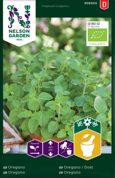 Produktbild von Nelson Garden BIO Oregano mit Pflanzenansicht, Bio-Siegel und Anbauhinweisen auf der Verpackung.
